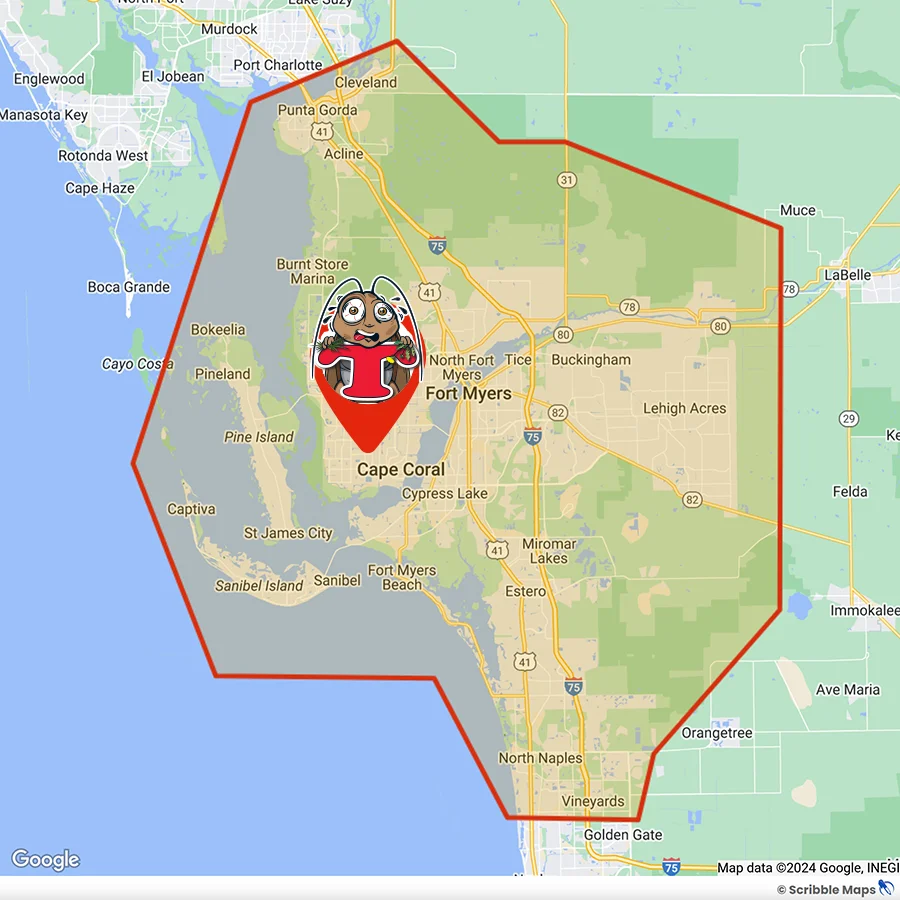 Tony's Pest Control Service Area Map Cape Coral, FL and Fort Meyers, FL